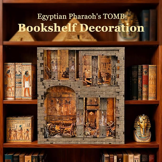 Book Nook Kit - DIY Miniature House Dollhouse Kit for Adults and Teens, 3D Wooden Puzzle Booknook Build Bookshelf Decor with LED Light, Gifts for Family and Friends (Egyptian Pharaoh's Tomb)