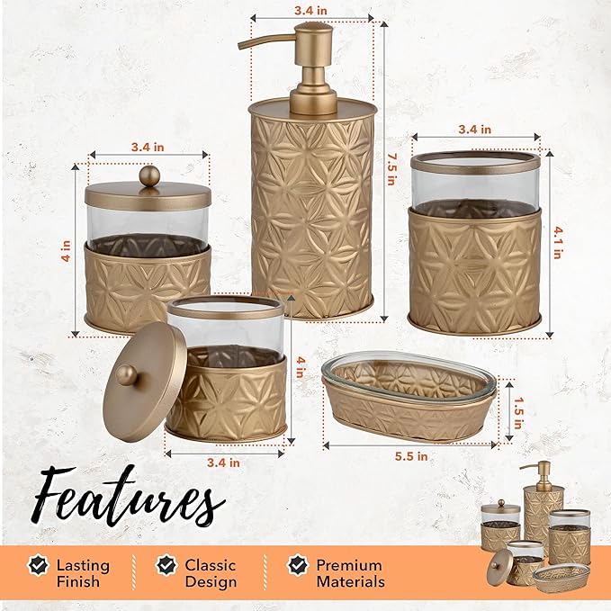 Autumn Alley Brushed Gold Bathroom Accessories Set, 5 Piece Champagne Gold Modern Bathroom Decor - Soap Dispenser, Toothbrush Holder, 2 Apothecary Jars, Soap Holder, Farmhouse Bathroom Décor