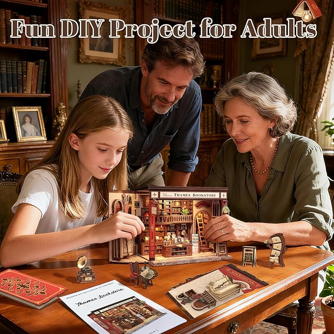 Fsolis Book Nook Kit - DIY Miniature Kit for Adults Tiny House Magic Bookstore Bookshelf 3D Puzzles Craft Gifts for Women Teens Book Lovers (Thames Bookstore)