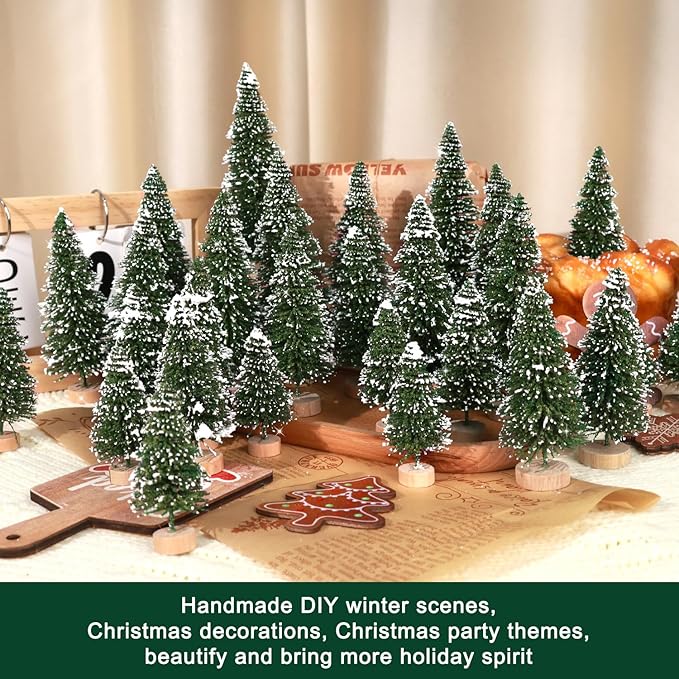 30Pcs Mini Christmas Trees Artificial Christmas Tree Bottle Brush Trees with Wooden Base for Christmas Decor Christmas Party Home Table Craft Decorations(Green-A)