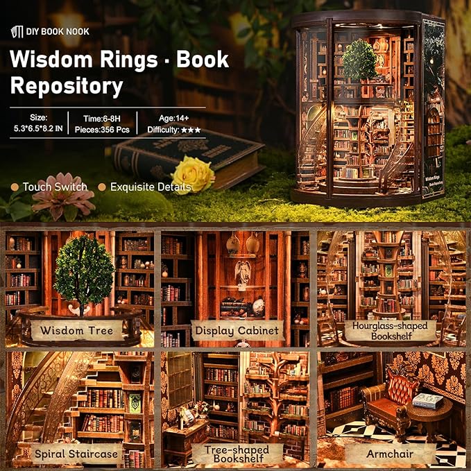 RHZN Book Nook Kit, Miniature House Kit, Miniature Kit, DIY Crafts for Adults, Book Repository
