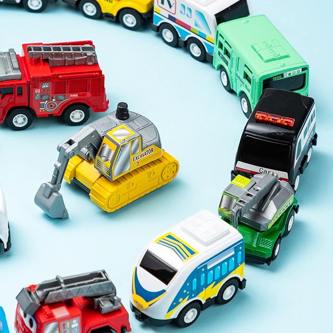 JOYIN 18 Pcs Pull Back City Cars and Trucks Toy Vehicles Set, Friction Powered Cars Toys for Toddlers, Kids Stocking Stuffers, Treasure Box Gifts for Classroom, Gifts for Grandkids, Easter Basket