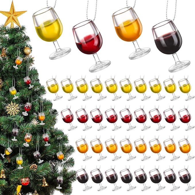 Haiabei 48Pcs 3D Mini Christmas Wine Cup Ornaments with 48Pcs Silver Hanging Rope Acrylic Wine Bottle Flat Christmas Ornaments Theme Miniature Bottles for Tree Living Room Dining Decoration,4 Colors