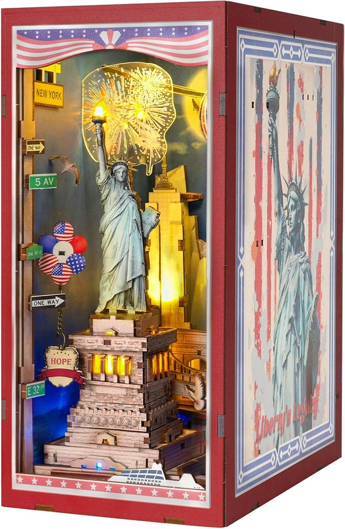 Book Nook Kit, DIY Miniature House Dollhouse Crafts Kit for Adults and Teens, The Statue of Liberty New York Cityline 3D Wooden Puzzle Booknook Build Bookshelf Decor Gifts（Liberty's Legacy）