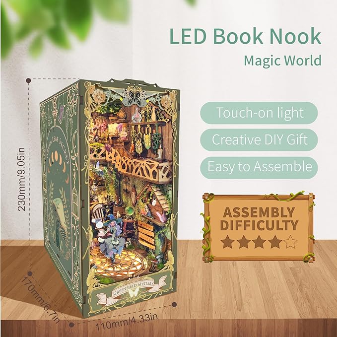 LED Book Nooks DIY Miniature Dollhouse Kit 3D Puzzle Wooden Bookends Toy for Teenagers Gift Model Kits Room Decoration - Garden Book Nook - Book Nook Kits for Adults (Green Fairyland)