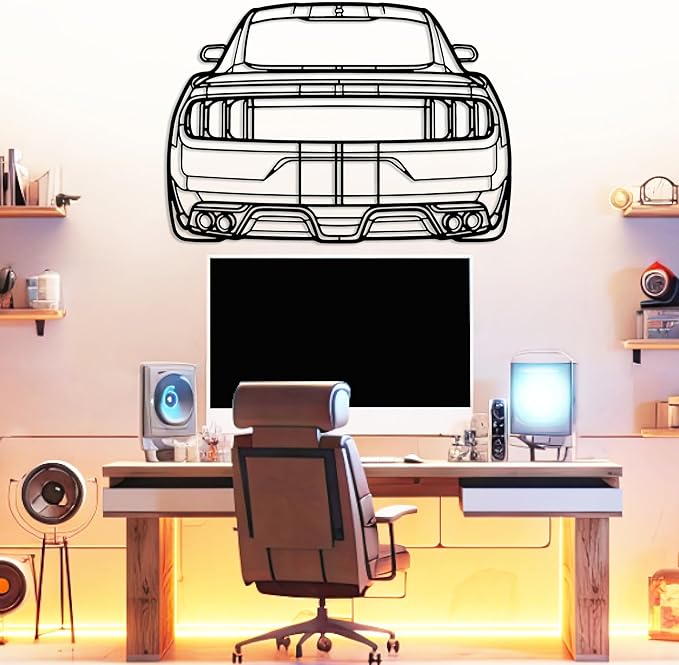 DecoSoul Mustang Metal Car Wall Art, Sports Car, Automotive Silhouette Line Decoration, Minimalist Sculpture for Garage, Indoor Outdoor Wall Hanging, Gift for Boyfriend (Black - 30 x 8.2” inch)