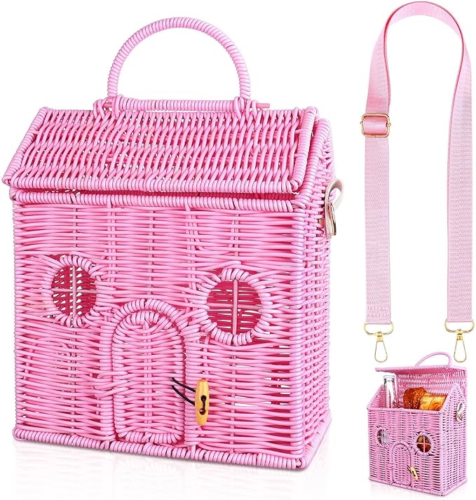 Handmade Rattan Doll House Rattan House Shape Shoulder Bag Wicker Basket with Lid Mouse in a Box Storage BasketDecorative Hand Woven Shelf Organizer Woven Handcrafted Artwork Gift (Pink)