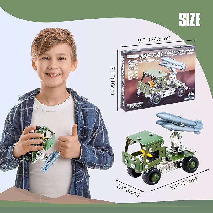 Military Truck STEM Building Toy Set for Boys Age 8-12 - Metal Army Toys Model Car Kits Set - Engineering STEM Kits or Kids 6-8, 8-10 Stem Projects Vehicles 134pcs