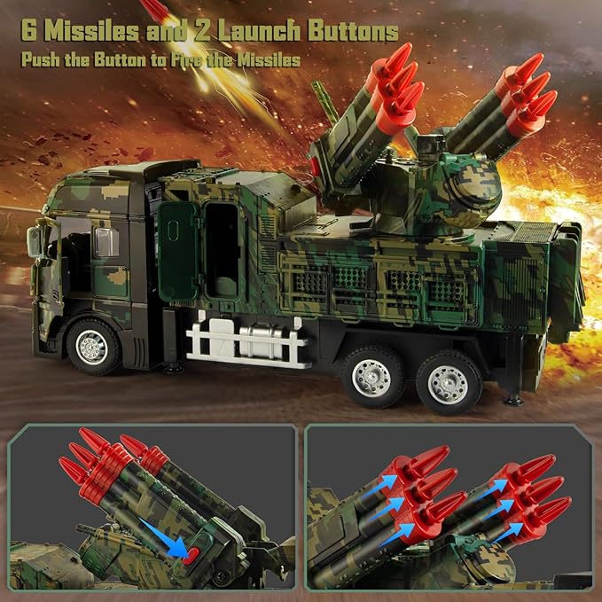 Army Toys for Boy, Military Vehicle Toy with 6 Missile Launcher, Pull Back Army Model Truck with Light and Sound, Military Missile Alloy Vehicle Toys for Kids Age 3-6