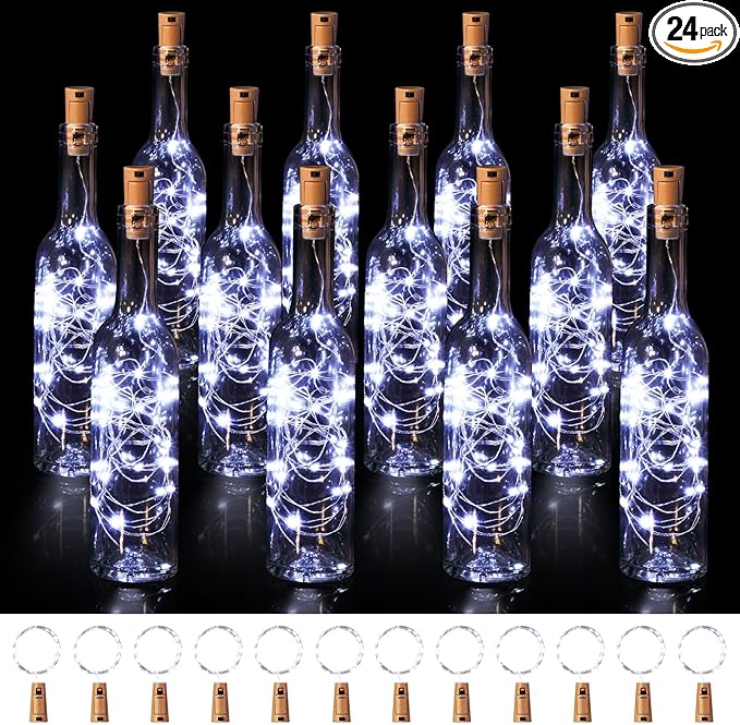Rtteri 12 Sets Small Empty Wine Bottles with Cork Lights Centerpiece and 30 LED Battery Operated Cork Lights for Birthday Wedding Party Decoration(375 ml,White)