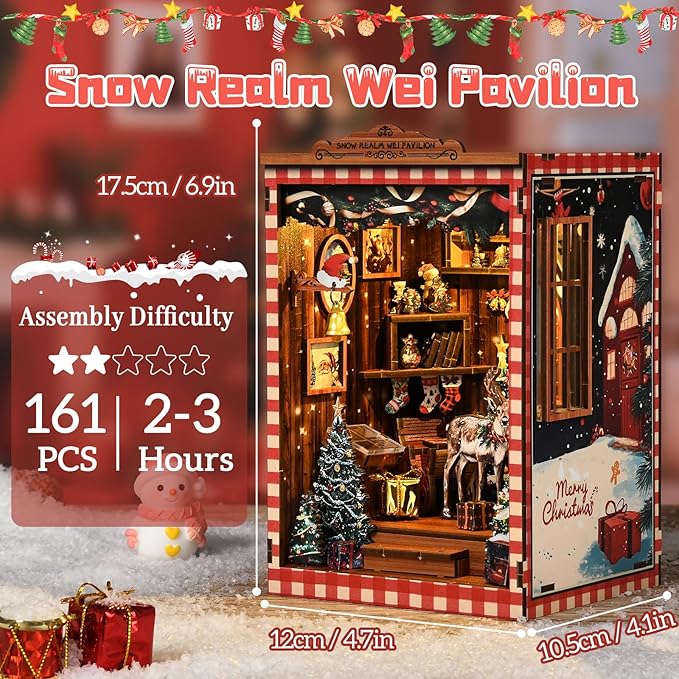 Christmas Book Nook Kits for adults-3D Wooden Puzzles DIY Miniature House Kit Bookshelf Decor with LED Lights Creative Bookend Craft Doll House for Teens & Adults-Ideal Gift for Family & Friends