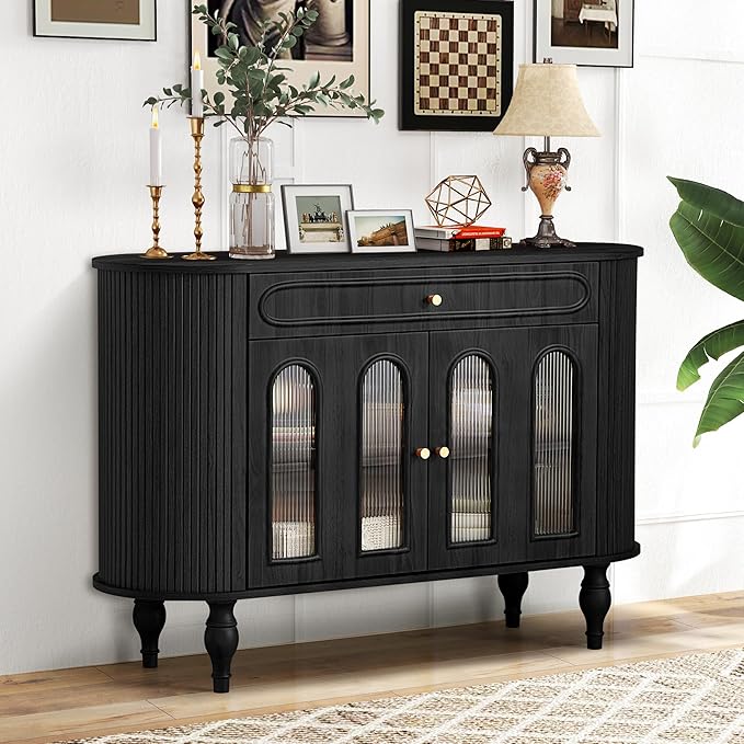 47'' Fluted Sideboard Buffer Cabinet with Drawer, Modern Credenza Storage Cabinet, Bar Cabinet Console Table with Tambour Sliding Side for Living Dining Room Kitchen Hallway Entryway, Black