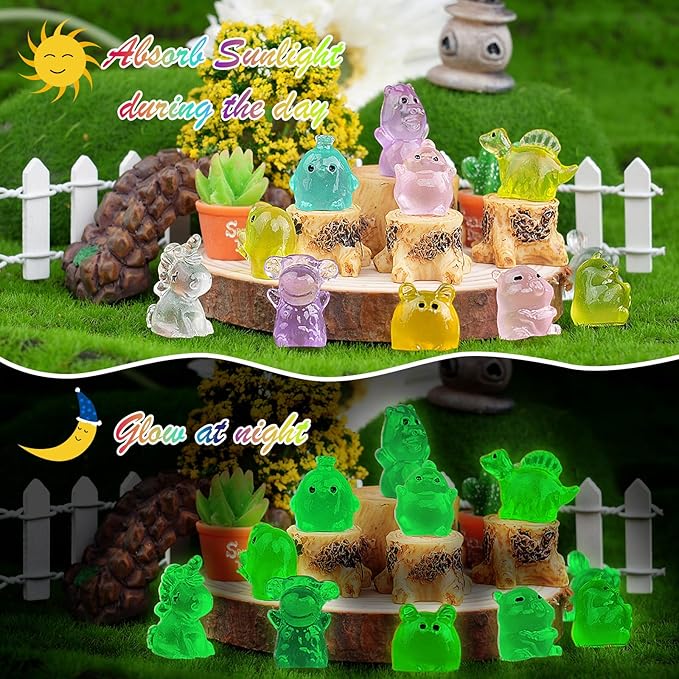 200pcs Multicolor Mini Resin Animals Luminous Tiny Ducks Figures for Micro Fairy Garden Accessories Micro Landscape Ornaments DIY Mini Garden Outdoor Decor Dinosaur Rabbit Flamingo Owls Ocean Animal