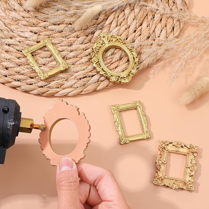 5 Pcs Miniature Picture Frames Vintage Dollhouse Photo Frames with Carved Golden Edges for Wall Hanging Desktop Display Jewelry Showcase Miniature Props for Dollhouse Model Train Garden