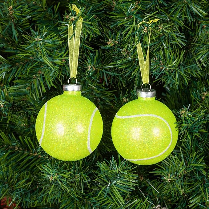 Every Day is Christmas Glass Blown Ornaments Cute Hand Made Figurines Tree Decoration, Set of 2 Tennis Ball
