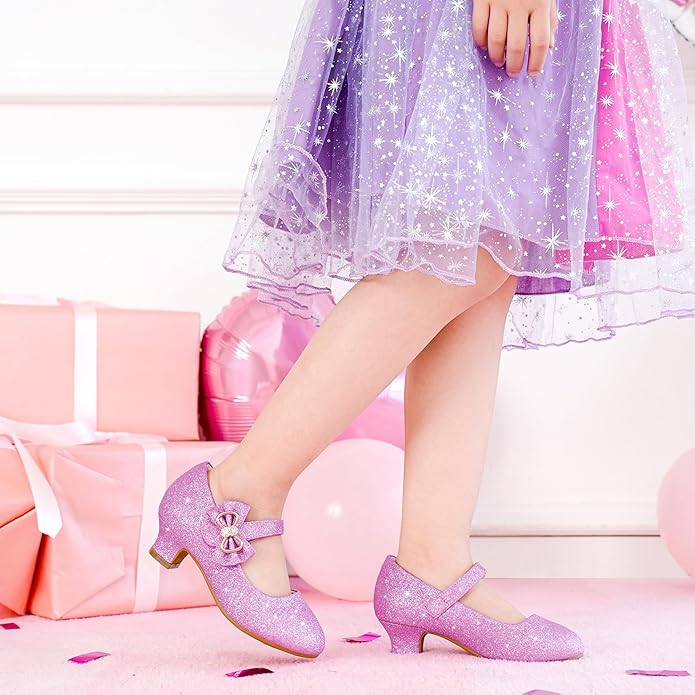 Dufannie Girls Dress Shoes Low Heel Princess Flats Mary Jane Flower Wedding Party Glitter Shoes for Kids Toddler