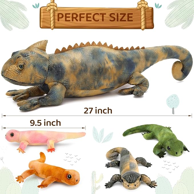 5Pcs Giant Lizard Plush, 27" Mother Iguana Stuffed Animal with 4 Baby Lizard Plushies, Bearded Dragon Plush Toy for Kids Boys Girls, Stuffed Chameleon for Christmas Birthday Gift, Gray