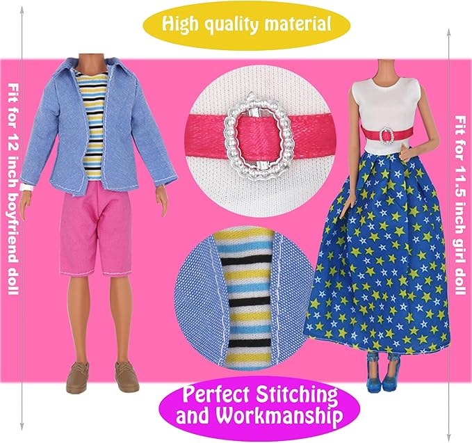 33Pcs Doll Clothes and Accessories for 12 Inch Boy and GirlDoll, Includes 20 Wear Clothes Shirt Jeans Suit and Wedding Dresses, Glasses Earphones Dog and Bike for 12'' Boydoll Girldoll