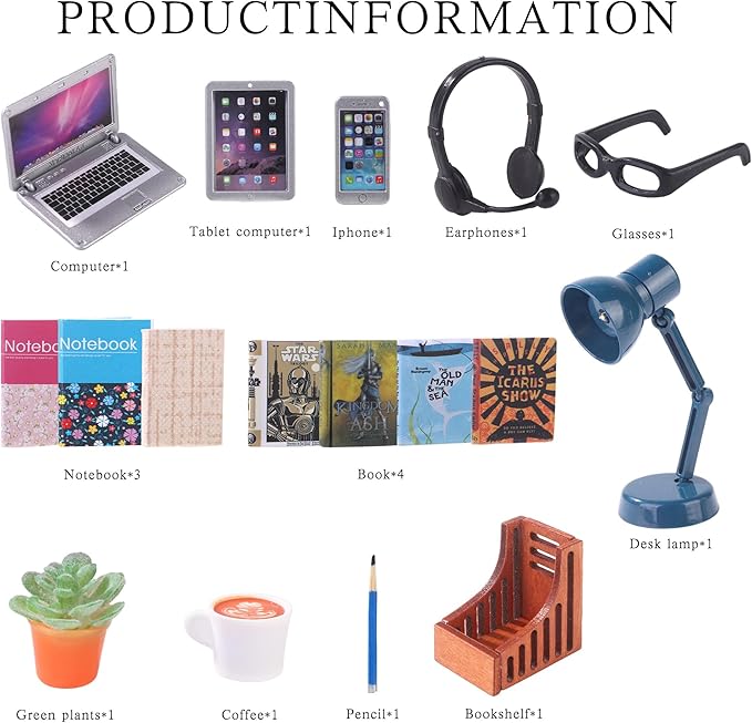 DIYDEC 17pcs Dollhouse Laptop Accessories 1:12 Scale Miniature Laptop Computer Tablet Phone Book Coffee Headset Pen Tiny Stuff Doll House Miniatures Play Figurines Accessories