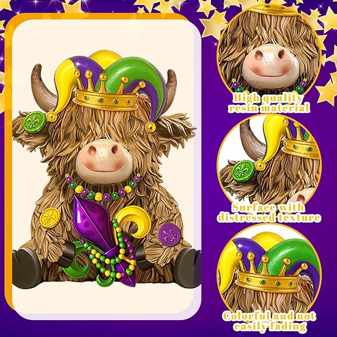 Burbell 2 Pack Mardi Gras Highland Cow Resin Figurine Mardi Gras Bathroom Highland Cow Gnomes with Mask Starfish Resin Statue for Garden Table Shelf Home Decor Calf Gnome Herd Gifts
