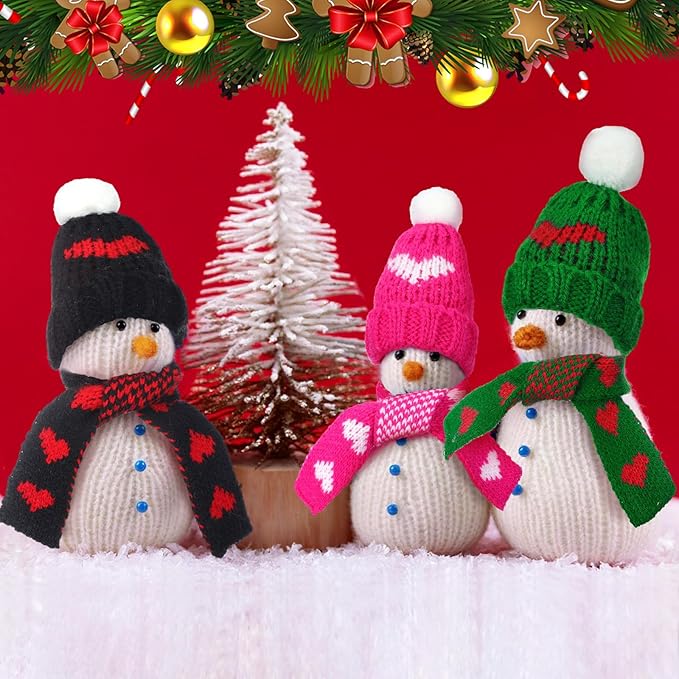 Geyoga 16 Pcs Mini Knit Doll Hat Valentines Day Small Santa Hat for Craft Winter Mini Snowman Hats and Scarf Tree Ornaments Snow Stripe Heart Wine Bottle DIY Decor Gifts