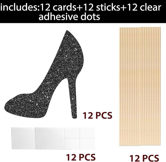 High Heel Centerpiece Sticks Lady Birthday Wedding Table Decorations 12PCS Glitter Black High Heels Table Toppers Makeup Night Table Centerpieces for Women Bridal Shower Bachelorette Party Supplies