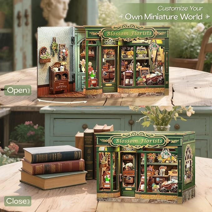 Fsolis Book Nook Kit - DIY Miniature Scene Kit for Adults 3D Wood Puzzles Tiny House Mini Craft Bookshelf Decor Gifts for Women Teenagers Book Lovers (Blossom Florists)