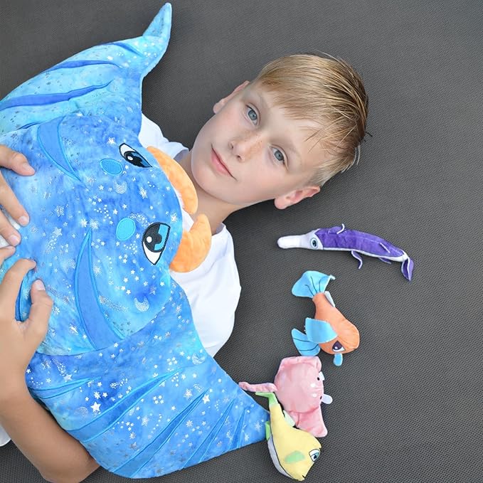 5Pcs Manta Ray Plush, Large Stingray Stuffed Animal with 4 Different Kinds of Small Fish Plush Toys, Christmas Birthday Gifts for Kids Boys Girls, Ocean Party Favors