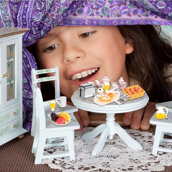 simarro Miniature Dollhouse Breakfast Accessories, 46 Pcs 1:12 Scale Mini Toast Machine Bread Milk Eggs Cups Fruits Plates Fork Spoons Drink for Dollhouse Kitchen Scene and Cake Topper Decor