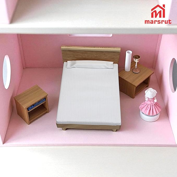 Doll House Bed Miniature 1:12 Dollhouse Bedroom Furniture for 6 Inch Dolls Wooden Single Beds with Bedding Fabric, 1/12 Scale Vintage Victorian Mini Accessory DIY Scene Decoration Home Props Modern