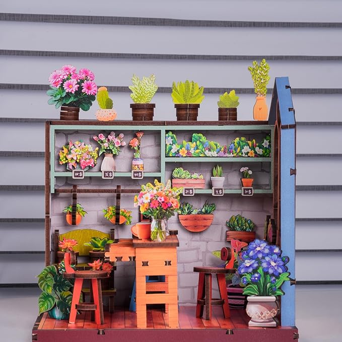 Book Nook Kit - DIY Miniature House Kit for Adults, Teens, and Kids, 3D Wooden Puzzles with LED Light, Dollhouse Craft Kit for Family and Friends, Great Gift Idea (Flower Shop Corner)