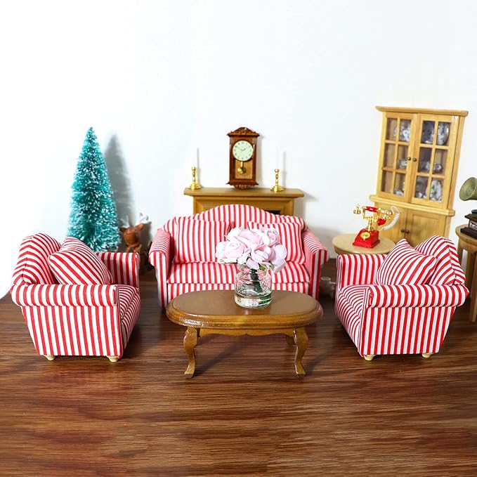 Dollhouse Couch with Pillow 1 12 Scale Miniature Sofa Arm Chair Living Room Furniture Wooden Fabric Frame Single Reading Chair Artificial House Room Scene Decoration (Stripe)