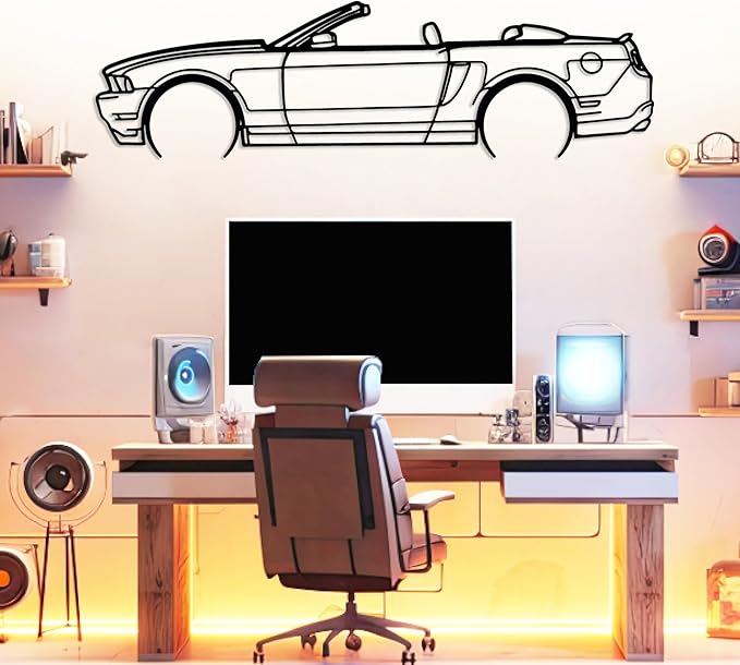 DecoSoul Mustang Metal Car Wall Art, Sports Car, Automotive Silhouette Line Decoration, Minimalist Sculpture for Garage, Indoor Outdoor Wall Hanging, Gift for Boyfriend (Black - 35 x 9.6” inch)