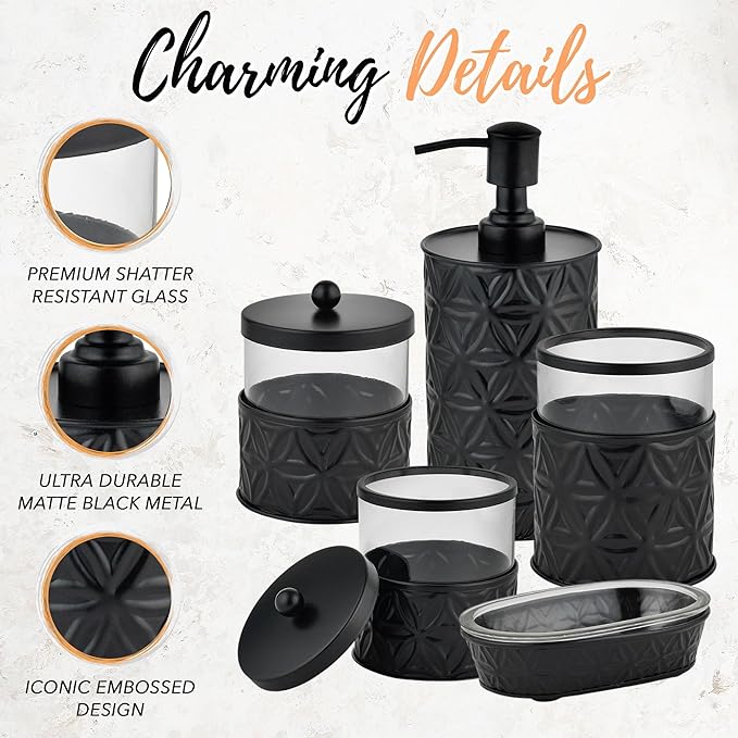 Autumn Alley Black Bathroom Accessories Set, 5 Pieces, Bathroom Decor - Black Soap Dispenser Bathroom Lotion Dispenser, Metal Toothbrush Holder, 2 Glass Apothecary Jars (Qtip Holder), Soap Holder