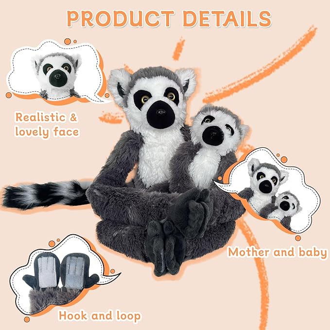 2pcs Lemur Hanging Stuffed Animal Mother with Baby Hangs Plush Toys, Hooks and Stuffed Animals with Rings for Kids, Gifts for Boys and Girls