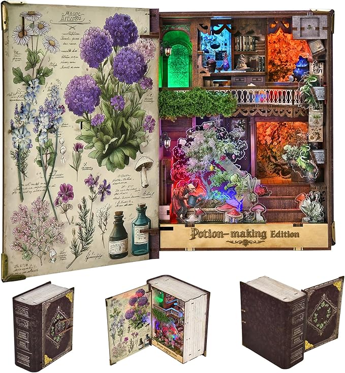 Book Nook Kit, DIY Miniature Dollhouse Booknook Kit, 3D Wooden Puzzle for Teens and Adults, Bookend Bookshelf Insert Decor with LED Light (Potion-Making Edition)