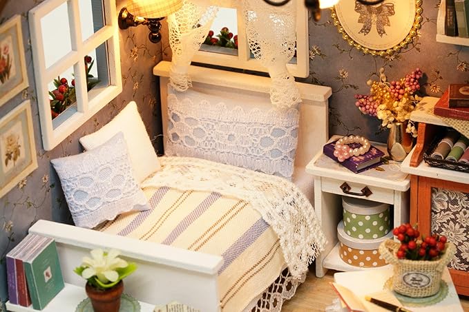 DIY Miniature Dollhouse Kits - Wooden Mini Model House with LED Lights, Tiny Furniture & Accessories – Craft Building Kits for Adults – Birthday Christmas Valentine's Gift- Blue Times