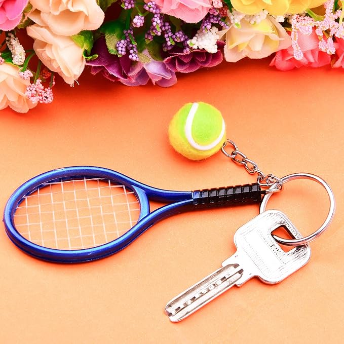 Ancefine 12 Pieces Mini Tennis Racket Keychains Key Ring Alloy Tennis Ball Split Ring Accessories for Sport Team Gifts,6 Color