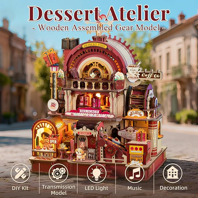 DIY 3D Wooden Puzzles for Adults,Dessert Atelier Electrically Powered – Movable Dessert & Coffee Lines Dollhouse Kit with LED Arts and Crafts for Home Decor Creative Gift for Boys Girls