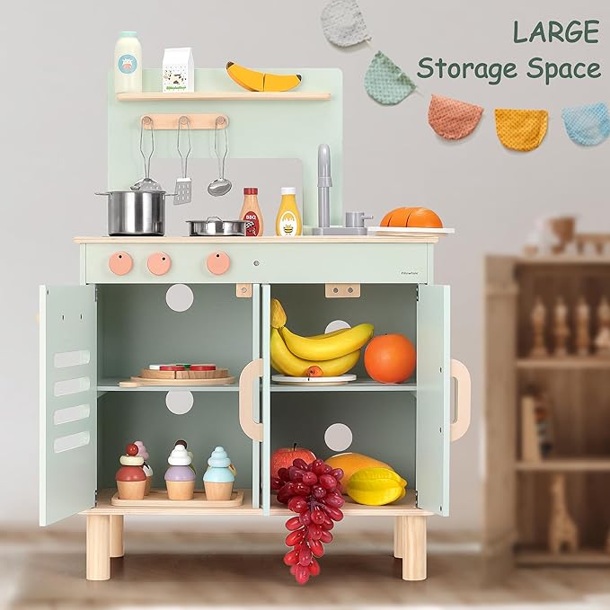 Pillowhale Wooden Play Kitchen Set, Mint Green Stove & Sink with 5 Stainless Steel Tools, Click Knobs, Storage Cabinets, Montessori Toy for Toddlers 3+