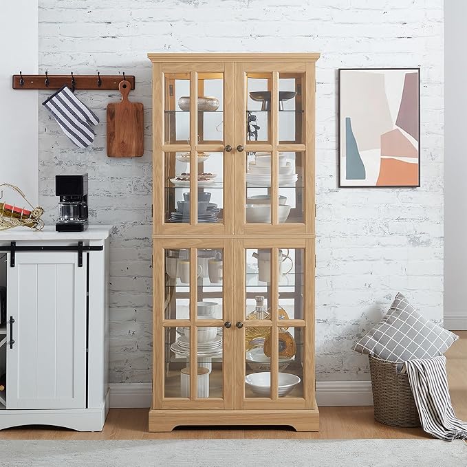 68" H Glass Curio Display Cabinet with Light, 6-Tier Wooden Storage Showcase w/ 4 Glass Doors & Adjustable Shelves, Vintage Accent Cabinet w/Mirrored Back Pane for Home & Office (Oak)