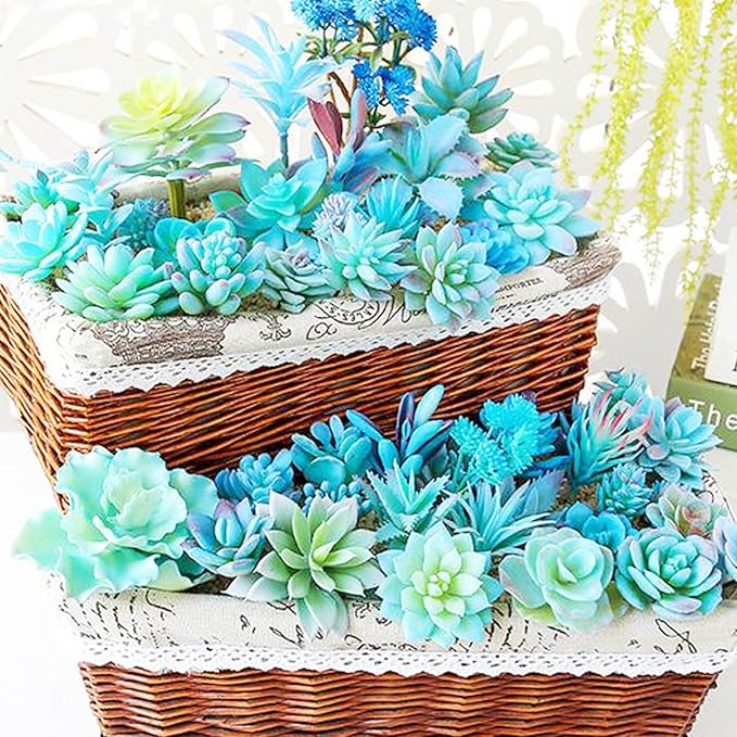 Woohome 10 PCS Artificial Succulent Plants, Blue Fake Succulent, Unpotted Faux Succulent Assortment in Flocked Blue in Different Type for Birthday Home Decor Indoor Wall Garden DIY