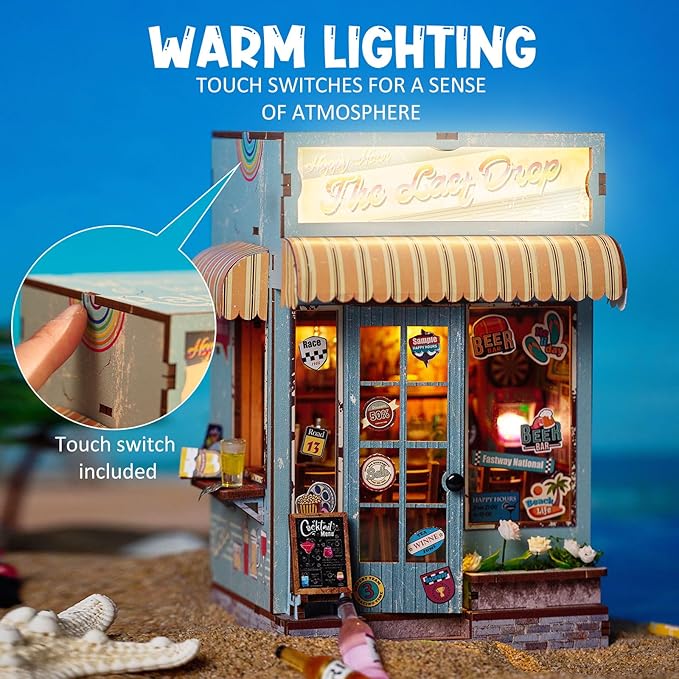 Bar Miniature House Kit,DIY Miniature Dollhouse Kit with Furniture & LED,Mini Diorama House Building Kit for Adults Teens,Tiny House Mini Model Kit 3D Wooden Crafts,Bookshelf & Home Decor Gifts