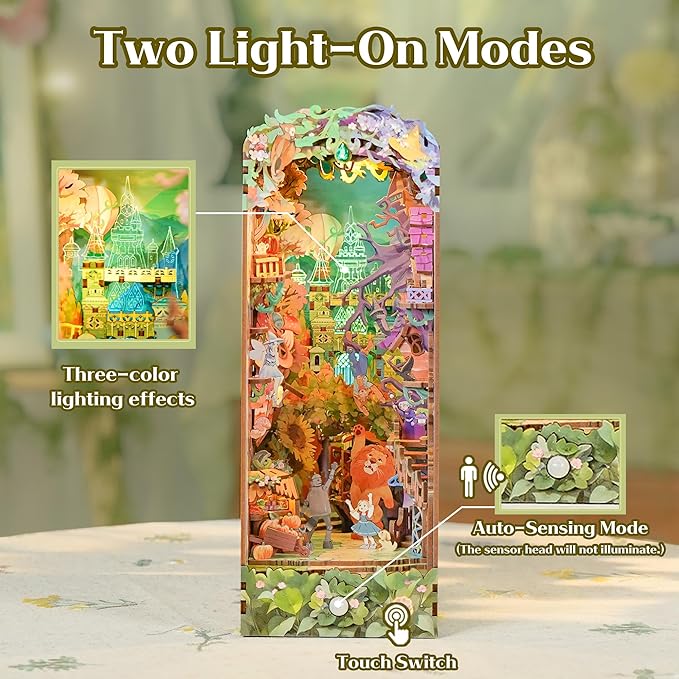 Tonecheer DIY Book Nook Kit, Dorothy's Journey 3D Puzzle Wooden Fairy Tales Miniature House Kit for Adults, Booknook Set Dollhouse Bookshelf Decor Bookend with Dust Cover and LEDs Ideal Gifts