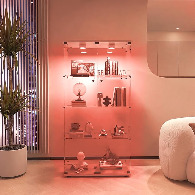 Glass Display Cabinet with Lights and Lock, 4-Tier Display Case Curio Cabinet with Glass Door, Floor Standing Showcase for Living Room Bedroom Home Office 31" W x 14.3" D x 64.5" H