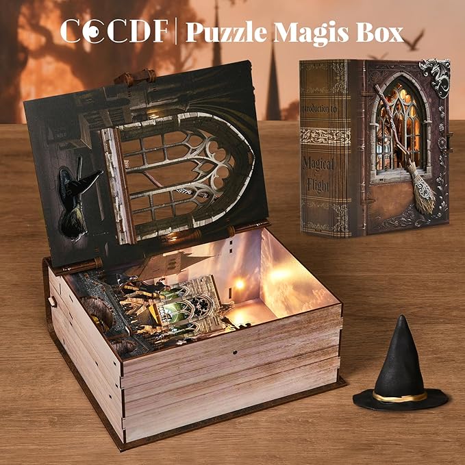 Book Nook Kit, DIY Miniature Dollhouse Magic Book for Adults and Teens, 3D Wooden Puzzle Bookends with Sensor Led Light, Gifts for Family, Friends (Introduction to Magical Flight)