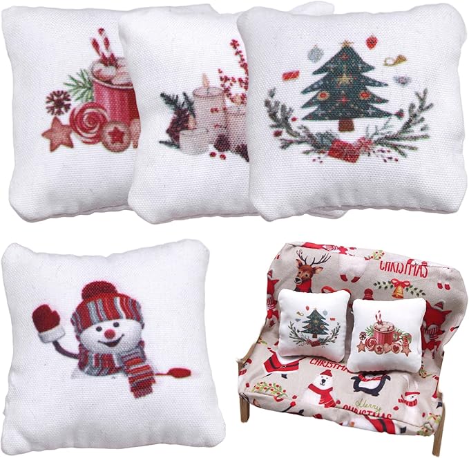 4Pcs Dollhouse Christmas Pillows, Miniature Sofa Pillow, Dollhouse Accessories, with Xmas Pattern, for Christmas Doll House Living Room Decor, 1.6x1.6 Furniture Bedroom Furniture