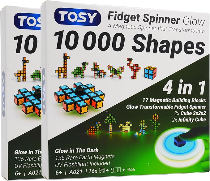 TOSY Magnet Fidget Spinner Glow - 16 Blocks, 3in1 Toy: Transformable Fidget Spinner, Infinity/Puzzle Cube, Easter Valentine Gift for Kids/Adults, Glowing STEM Sensory Stress Relief, 2-Pack
