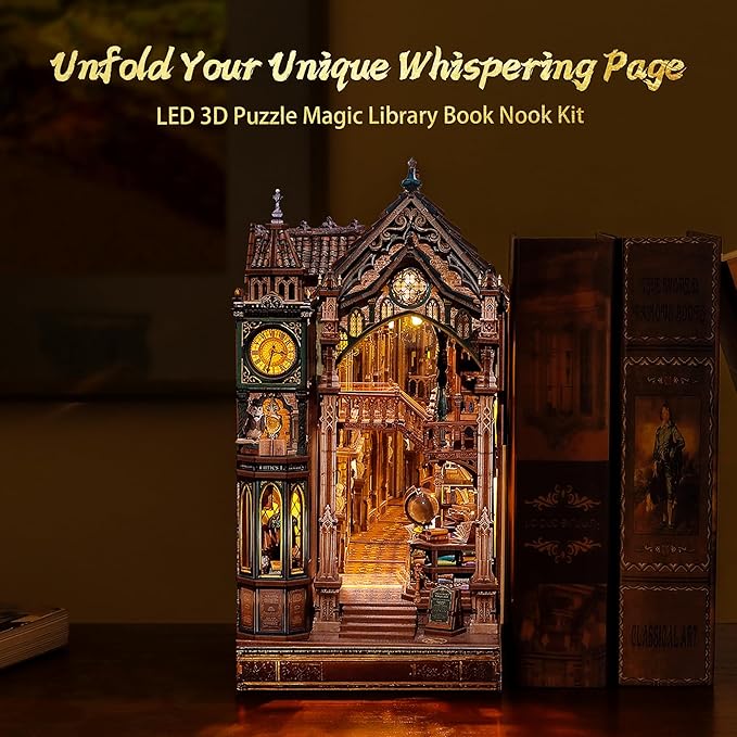 Magic Library Book Nook Kit – LED 3D Wood Puzzle with Infinity Mirror – DIY Bookshelf Decor, Miniature Craft Gift for Kids and Adults