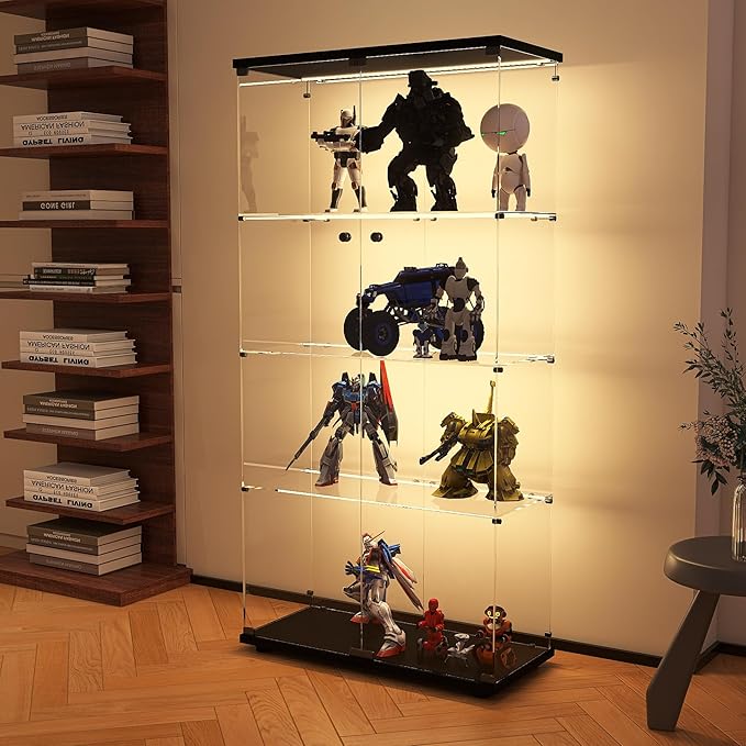 Modern 4-Tier Glass Display Shelf with 2 Doors, Curio Cabinet Collection - Floor Standing Display Case for Living Room, Bedroom, Home Office - 30" W x 14.5" D x 64" H (Black with LED Light Strip)